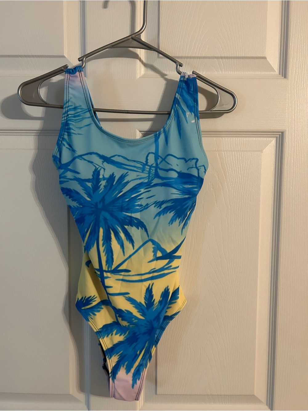SHEIN Blue Yellow Tropical Palm One-Piece Swimsuit